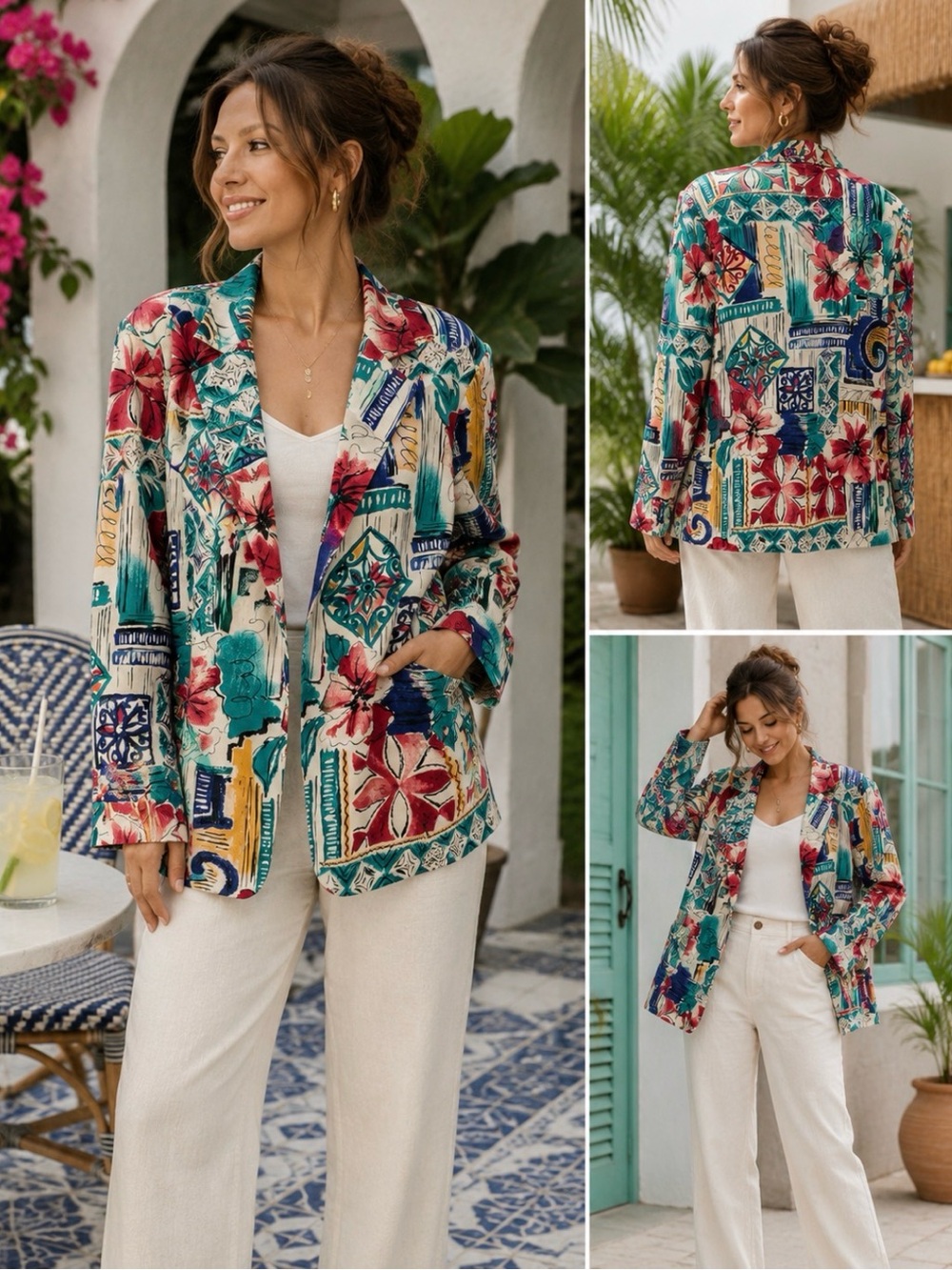 Vintage Claude Linen Blend Floral Art Print Oversized Blazer Jacket Women Boho